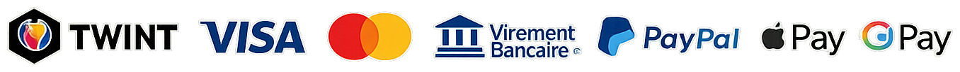 Moyens de paiement acceptés : TWINT, Visa, Mastercard, virement bancaire, PayPal, Apple Pay, Google Pay